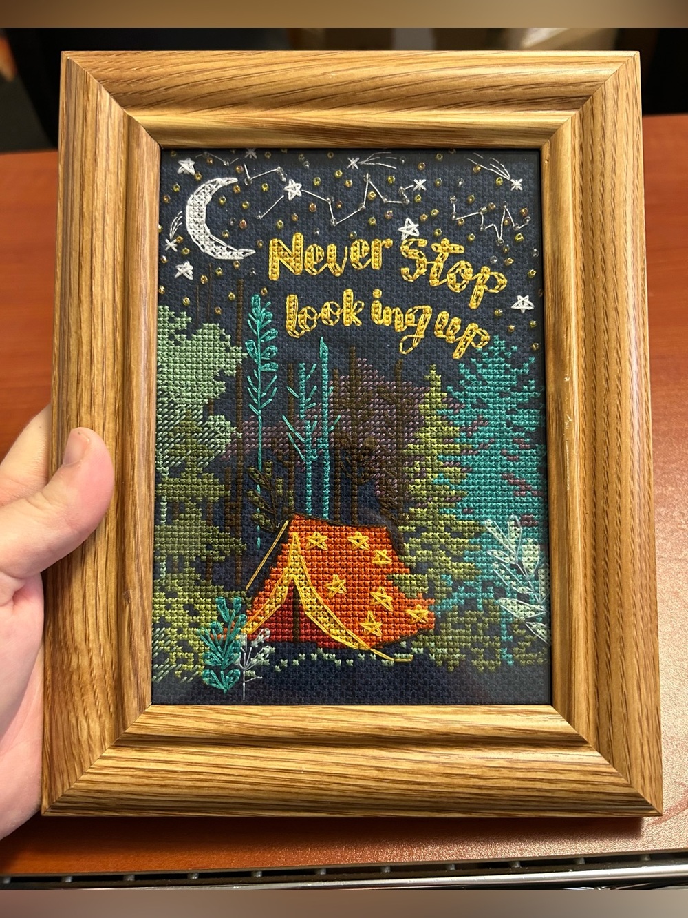 Embroidered Night Camping Tent Wall Art - 'Never Stop Looking Up'